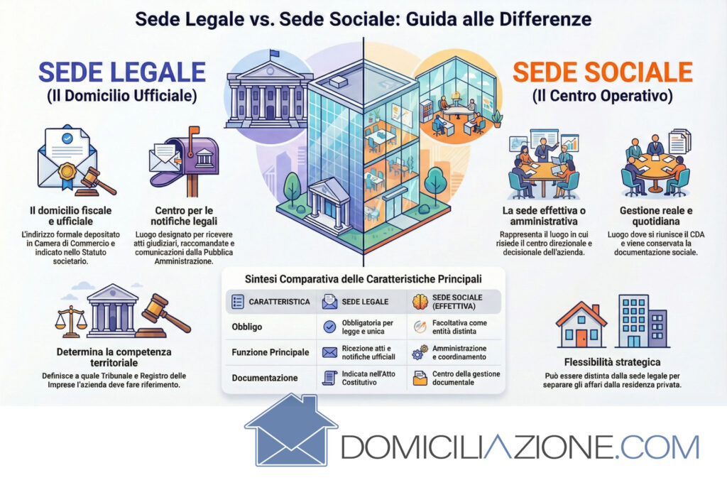 Infografica con guida alle differenza tra sede sociale e sede legale